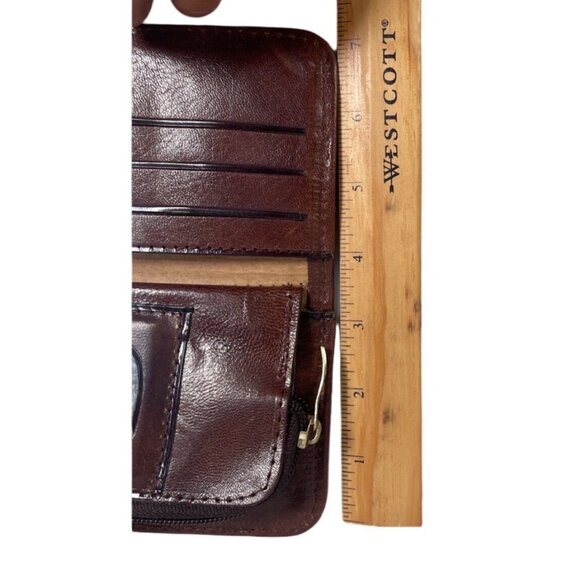 Vtg. Genuine Leather Tooled Flower Brown Multi Card Change Mirror Bi-Fold Wallet - Picture 6 of 9